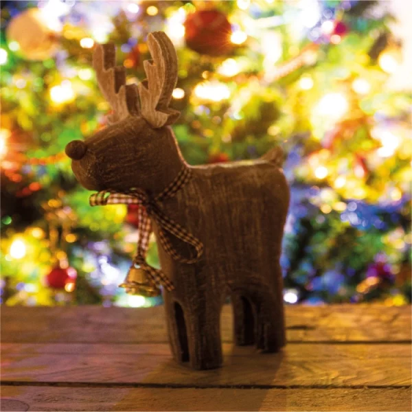 St Helens Home & Garden GH973 Wooden Reindeer with Brown Check Collar & Bells